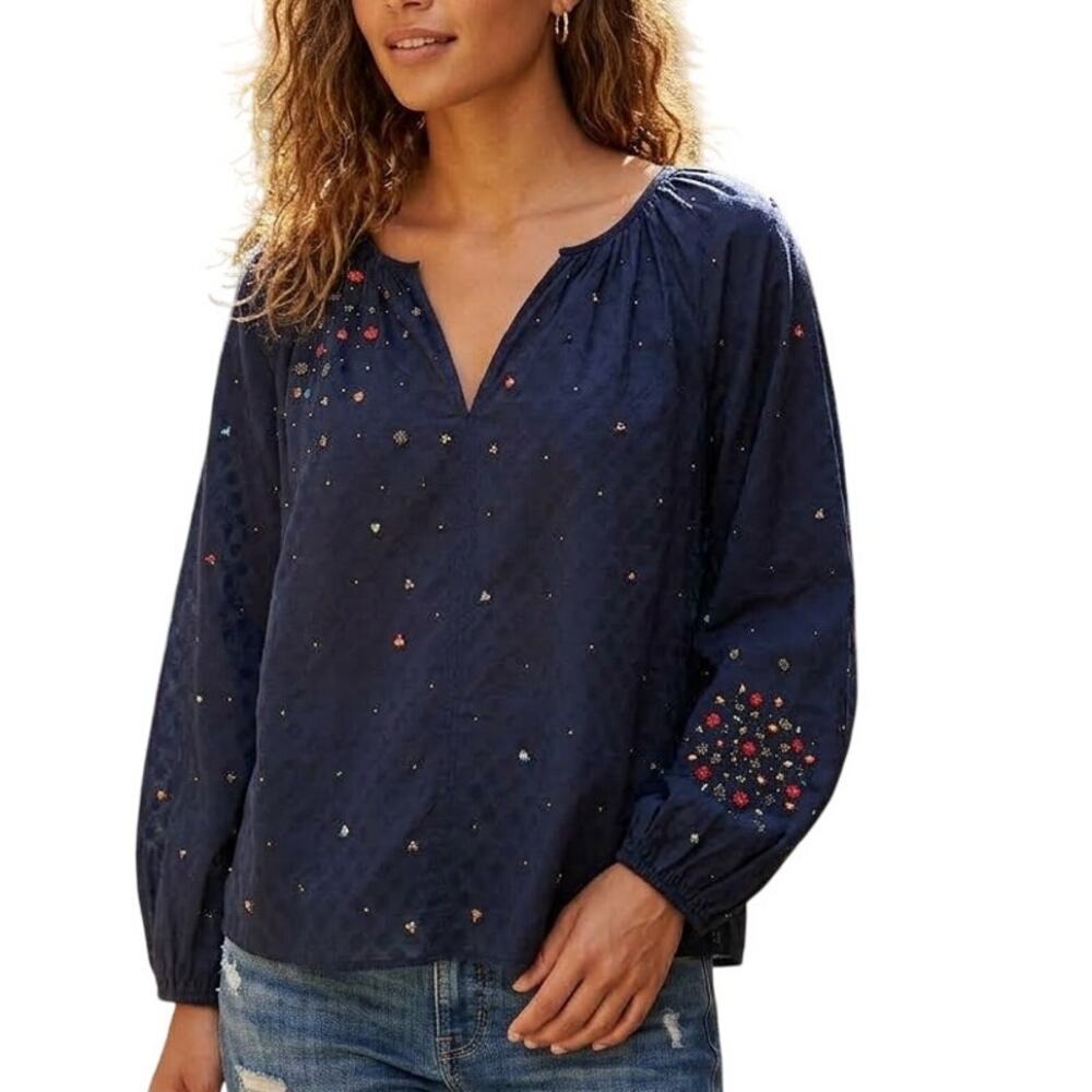 Velvet by Graham & Spencer Embroidered Beaded Cotton Peasant Blouse Navy XS
